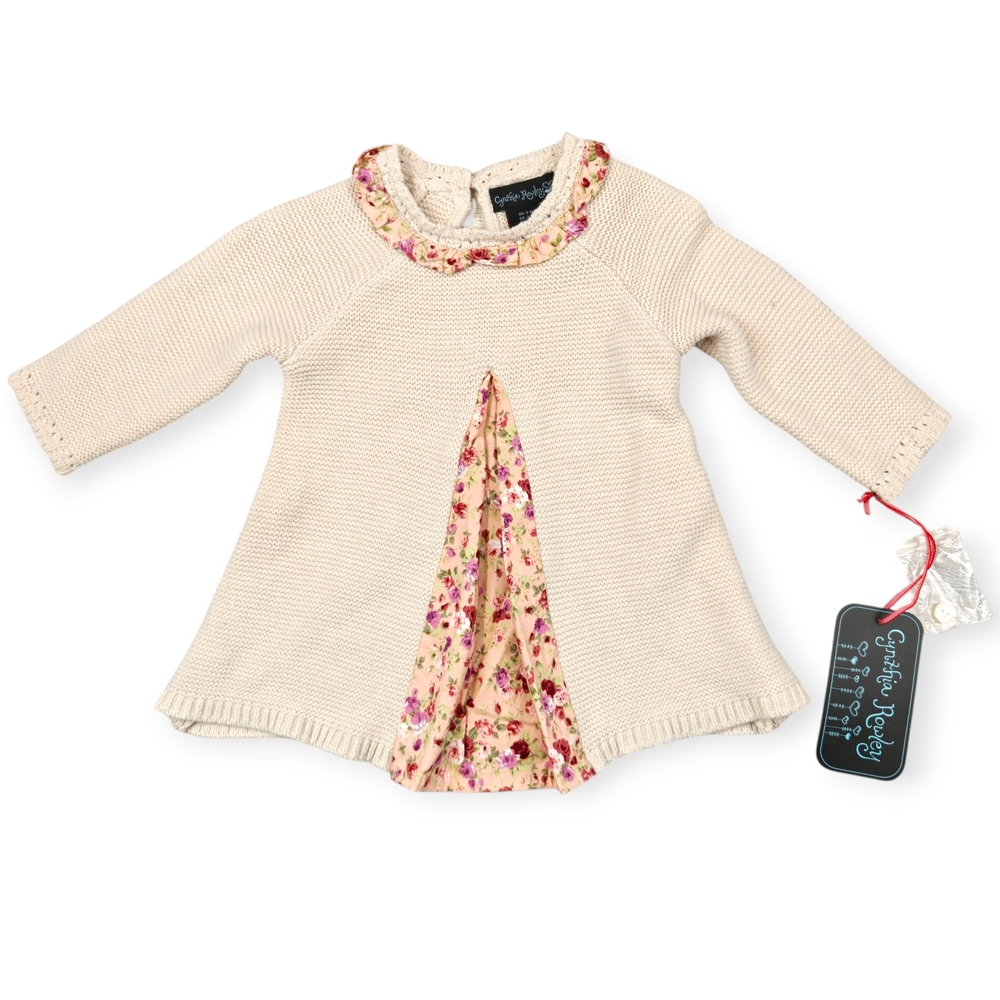 Cynthia Rowley Girls Tan Knit Dress Pink Floral Ruffles & Insert 3-6 Months NWT